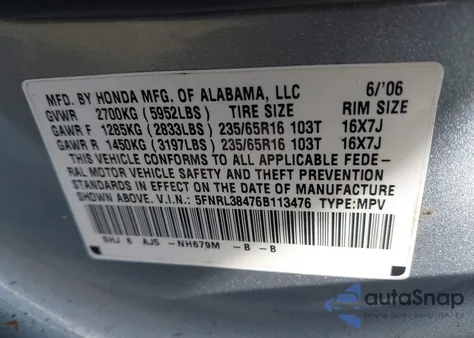 2006 Honda Odyssey Ex z USA, uszkodzony, nr VIN 5FNRL38476B113476